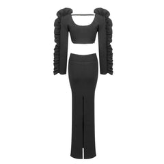 Pre Order: Black High Shoulder 3D Flower Lace Top + Skirt Set