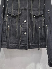 Diamond Tassel Long Sleeve Black Denim Jacket