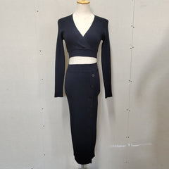 Long Sleeved V-Neck Cropped Top + Button Split Skirt Set