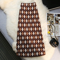 Vintage Rhombus Plaid Knitting Long Skirt