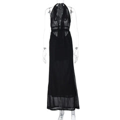 Patchwork V-Neck Backless Lace Up Maxi Dress