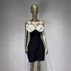 White 3D Flower A-Line Black Party Dress