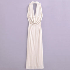 Pleated Hanging Neck Backless Long Dress