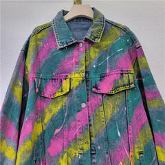 Diamond Inlaid Letter Spray Painted Denim Jacket