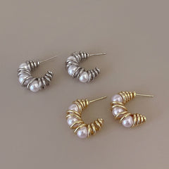 Pearl Metal Twisted Line Earrings