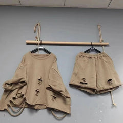 Loose Distressed Shirt + Wide Leg Shorts Set