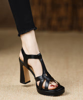 Classy Splicing Chunky Sandals Black Cowhide Leather Peep Toe