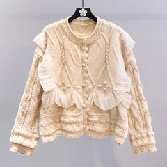Ruffled Lace Long Sleeve Loose Knitted Cardigan