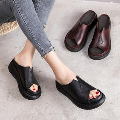 Women Sewing Platform Casual Leather Slippers