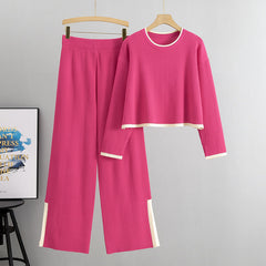 Knitted Short Sweater + Wide Leg Pants Set