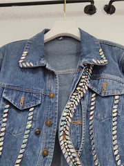 Denim Splicing Asymmetry Crystal Single Breasted Jacket