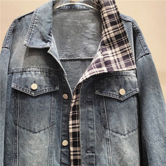 Irregular Spliced Plaid Loose Fit Denim Jacket