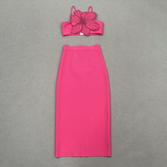 Solid Beaded Flower Hanging Neck Top + Skirt