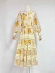 Round Neck Lantern Sleeve Top + Elastic Waist Maxi Skirt