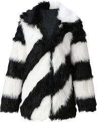 Patchwork Striped Long Sleeved Faux Fur Coat