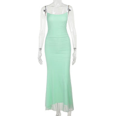 Mesh Overlay Slim Fit Suspender Dress
