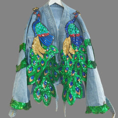 V-neck 3D Peacock Sequined Embroidery Denim Jacket
