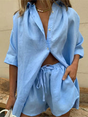 Solid Linen Loose Shirt + Short Set