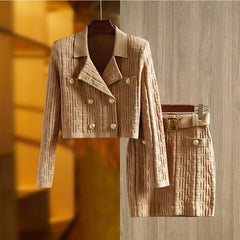 Jacquard Knitted Long Sleeve Collar Top + Mini Skirt Set