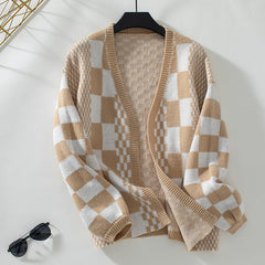 Loose V-Neck Plaid Knitted Cardigan