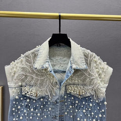 Pearl Beaded Diamond Blue Short Denim Vest