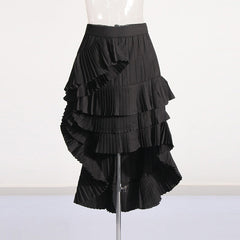 Solid Pleated Ruffled Edge High Waist Skirt