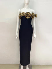 3D Flower Single Shoulder Slim Fit Wrap Hip Maxi Dress