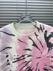 White Abstract Flower O-Neck Knitted Sweater