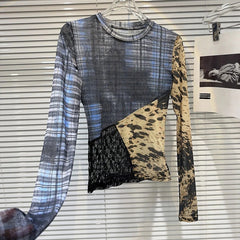 Splicing Mesh Slim Fit Long Sleeved Top