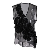 Ruffled Loose V-Neck Mesh Top