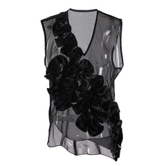 Ruffled Loose V-Neck Mesh Top