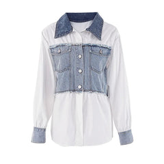 Denim Patchwork White Long Sleeve Collar Shirt