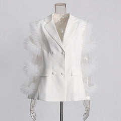 Solid Splicing Mesh Ruffle Double Breasted Suit Jacket