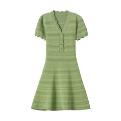 Hollow V-neck A-Line Knitted Mid-Length Dress