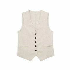 Solid Button Sleeveless Linen Vest + Shorts Set