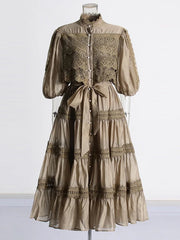 Solid Embroidery High Waist Spliced Lace Up Dress