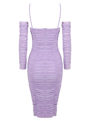 Purple Long Sleeved Slim Fit Flower Mesh Dress