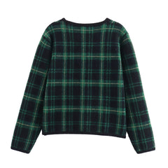 Green Checkered Double Breasted Knitted Cardigan