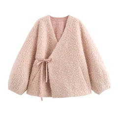 V-Neck Lace-Up Faux Fur Coat