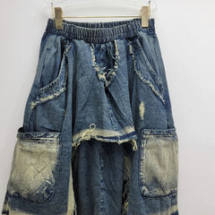 Patchwork High Elastic Waist Loose Denim Pants