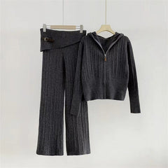 Hooded Knit Zip Up Cardigan + Knit Pants Set