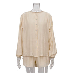 Solid Pleated Long Sleeve Shirt + Split Shorts