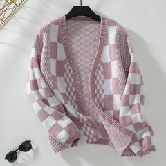 Loose V-Neck Plaid Knitted Cardigan