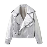 Silver Oversized PU Leather Jacket