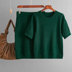 Solid Round Neck Knitted Top + Knitted Skirt Set