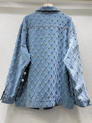 Diamond Shaped Rhinestone Sequin Old Blue Denim Jacket