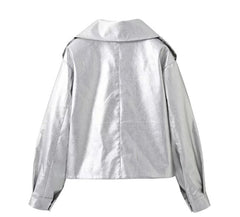 Silver Oversized PU Leather Jacket