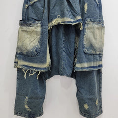 Patchwork High Elastic Waist Loose Denim Pants