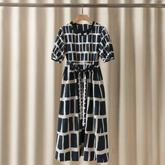 Geometric Round Neck Short Sleeve Waist Tie Dress
