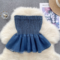 Elastic Denim Ruffle Tube Top